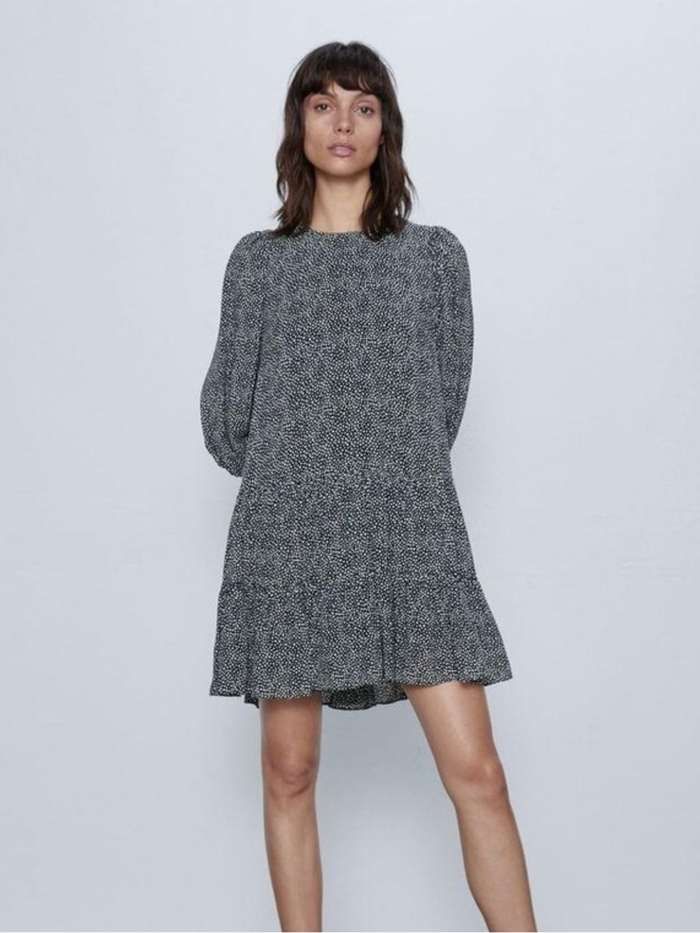 Zara Black & White Printed Long-Sleeve Mini Dress